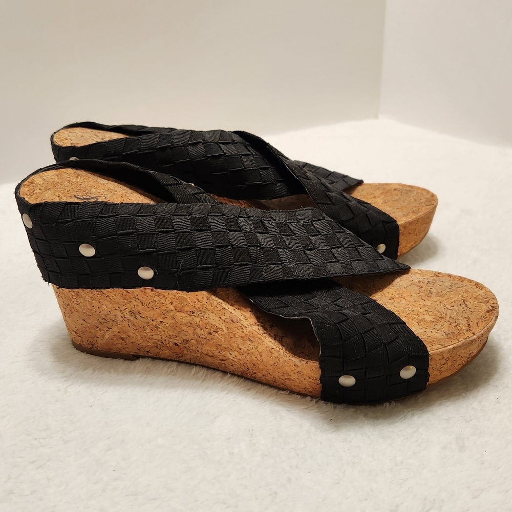 🍀Lucky Brand Black Woven Double Strap Cork Platform Wedges Size 7.5